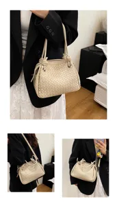 Elegant handwoven leather bucket bag with knotted handles, stylish women shoulder crossbody bag.