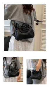 Black woven leather shoulder bag for women, large capacity hobo handbag with knot handle.