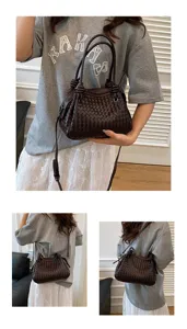 Handmade woven leather handbag for women, stylish brown shoulder crossbody bag with top handle.