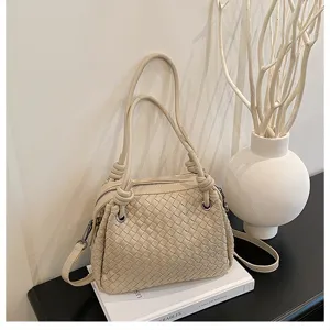 Elegant Beige Woven Leather Handbag Featuring Knotted Handles Stylish Shoulder Crossbody Bag