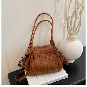 Brown woven leather shoulder bag for women chic braided top handle crossbody handbag