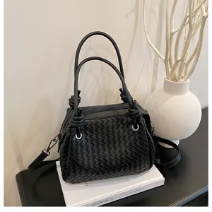 2025 new metal knot woven tote bag, elegant black leather shoulder handbag for women stylish.