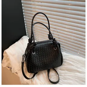 Black woven leather handbag with metal knot handle design stylish women shoulder tote bag