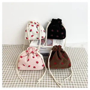 Cute corduroy drawstring pouch with strawberry pattern, multi-color small bucket bag for women.