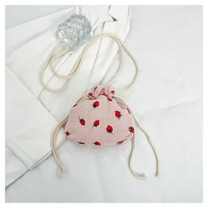 Cute strawberry print corduroy drawstring bucket bag, fashion shoulder crossbody for women.