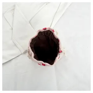 Pink corduroy drawstring bucket bag with cute strawberry print, casual stylish daily handbag