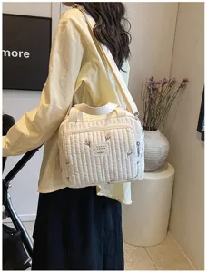 Bolso cambiador acolchado estilo coreano con bordado de tulipanes y gran capacidad.