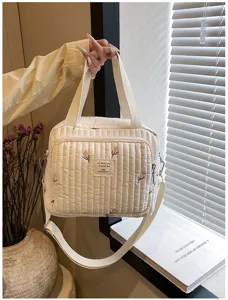 Bolso maternal acolchado de tulipanes, hermoso bolso de mano bordado con gran capacidad.