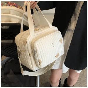 Bolso maternal acolchado con bordado de osito tierno, bolso de hombro grande para mamá.