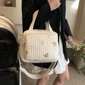 Bolso Pañalera Acolchado Estilo Coreano Gran Capacidad Bolso Tote de Lona Bonito Oso Tulipán Bordado Bolso Bandolera de Bebé para Mujeres