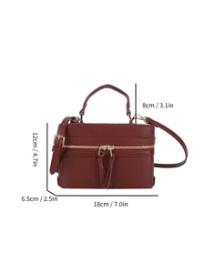 Detailed view of dark red vintage box bag showing precise dimensions, leather material and hardware.