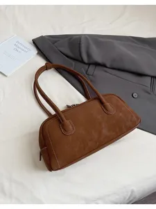 Brown vintage suede baguette shoulder bag with white contrast stitching for women.