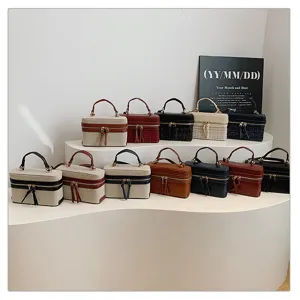 Trendy retro tweed and leather box vanity handbags featuring stylish color-block top handle design.