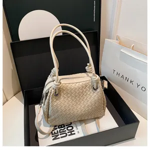 White woven leather shoulder handbag with knot handle, large capacity elegant tote bag.