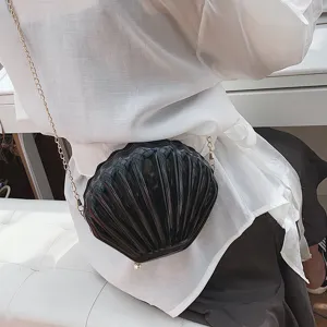 Elegante borsa a tracolla conchiglia nera da donna, borsetta catena in pelle verniciata.