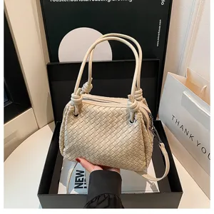 Woven leather handbag stylish shoulder tote bag with metal knot and large capacity beige