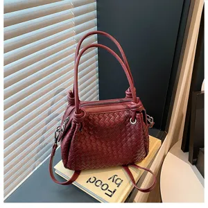 Burgundy woven leather tote bag for women, stylish metal knot shoulder handbag