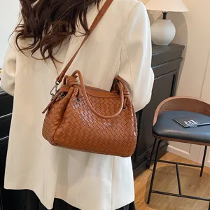 Minimalist PU Leather Woven Tote Bag Large Capacity Handbag Casual Bucket Bag Women Shoulder Bag