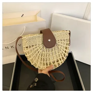 Womens woven straw crossbody bag summer beach saddle bag with brown pu leather flap detail