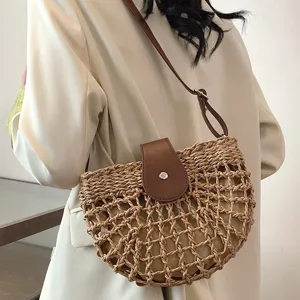 Womens Woven Straw Crossbody Bag Summer Beach Vacation Saddle Bag PU Leather Patchwork Casual Handbag Purse