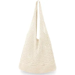 Women Casual Knitted Tote Bag Hollow Out Woven Shoulder Bag Daily Commute Handbag Cotton Knit Beach Bag
