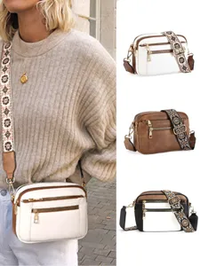 Fashion Women PU Leather Crossbody Bag Multi Zipper Shoulder Bag with Wide Patterned Strap