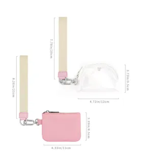 Multi-functional mini wrist pouch set with transparent PVC and pink fabric bags with straps.