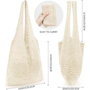 Women knit hollow tote bag beige woven shoulder bag casual beach shopping bag daily use.
