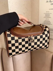 Grande trousse de maquillage à carreaux portable, sac de lavage de grande capacité.