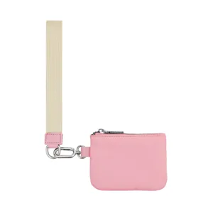 Pink mini wrist pouch coin purse with beige strap and convenient metal clasp detail