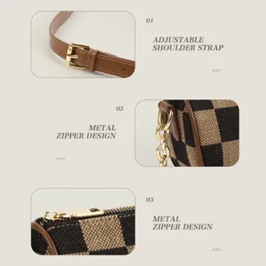 Adjustable shoulder strap and metal zipper details of the checkered canvas crossbody bag.