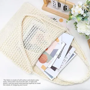 Knitted crochet tote bag for women, casual aesthetic hollow out shoulder bag, beige shopping bag.