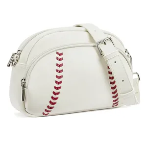 White leather crossbody shoulder bag featuring unique red baseball stitch design and zipper.