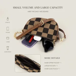 Checkered canvas crossbody bag detail showing large capacity, inner pockets and structured design.
