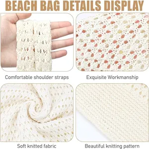 Close up details of women knit beach bag shoulder strap soft hollow woven texture design