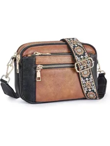 Detailed view of colorblock crossbody bag PU leather shoulder bag with multi zippers and wide strap.