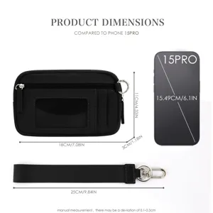 Black nylon card holder wallet pouch with wrist strap, 18x11x3cm compact size for daily use.