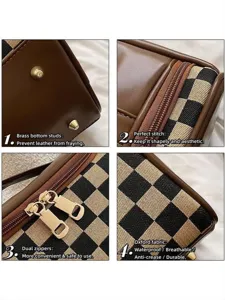 Détail de la trousse de toilette à carreaux portable avec tissu Oxford, zips et clous en laiton.