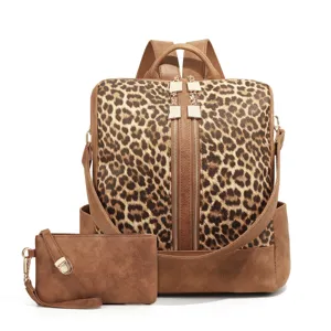 Women Fashion Leopard Print Backpack Large Capacity Travel School Bag PU Leather Casual Daypack With Small Pouch