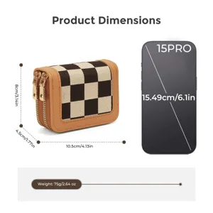 Checkerboard women wallet coin purse double zipper mini card holder compact pouch