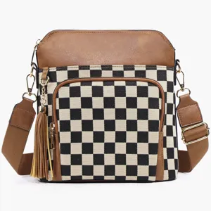 Sac bandoulière à carreaux pour femme en cuir PU sac besace chic avec pampille et fermeture éclair