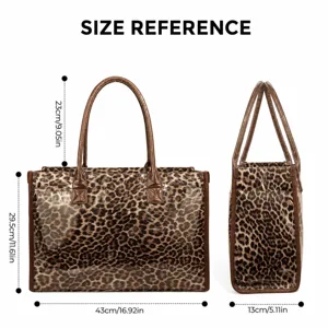 Leopard print PVC large capacity tote shoulder bag with double handles size reference chart view.