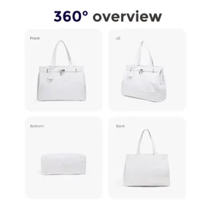 White canvas tote bag stylish casual shoulder handbag with lock closure 360 degree overview views