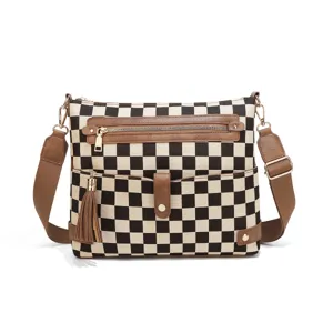 Canvas Checkered Crossbody Bag Women Urban Minimalist Large Capacity Shoulder Bag With Fringe Pendant Fashion Handbag