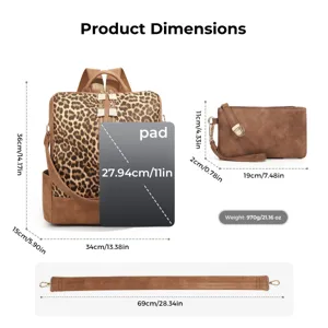 Detailed dimension graphic showing backpack, pouch, and strap sizes with weight specifications.