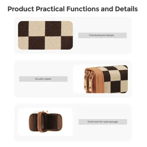 Detailed view of the women's checkerboard two-fold wallet with double zipper and multi card slots.