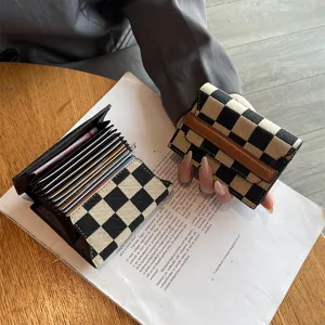 Women's Retro Checkerboard Card Holder Canvas Multi Card Slot Ultra Thin ID Card Case Fashion Minimalist Wallet