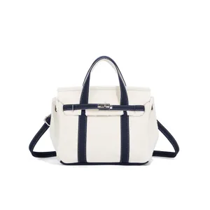 Detailed view of small contrast canvas handbag, top handle, adjustable strap, casual style.