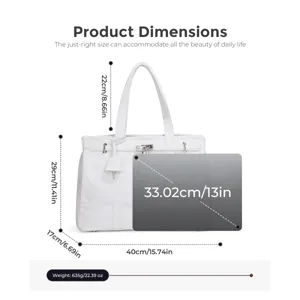 White canvas tote bag detail dimension view showing height width and handle drop measurements.