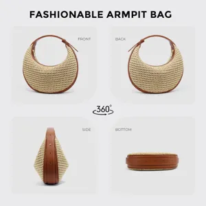 Detailed multi-angle view of the trendy woven straw armpit bag with chic brown leather trim.